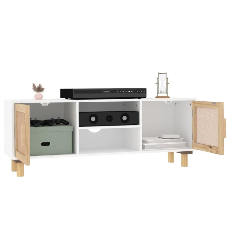 TV-Schrank Weiss 105x30x40 cm Massivholz Kiefer Natur-Rattan