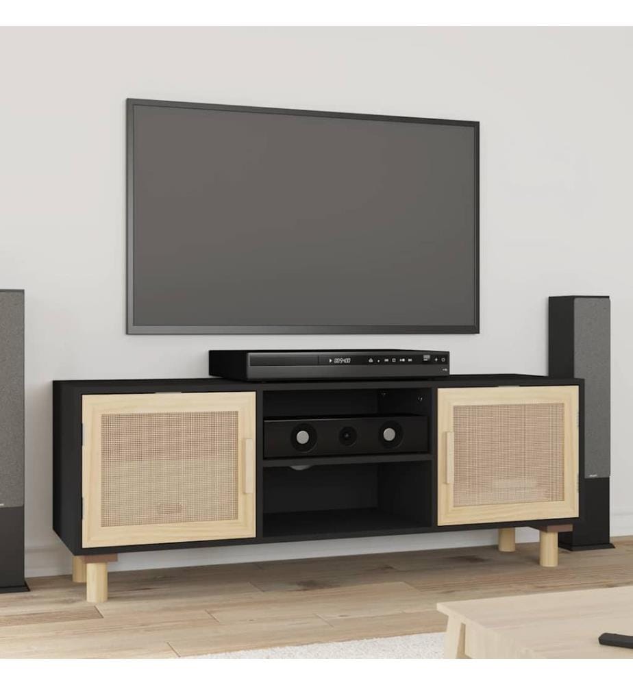 TV-Schrank Schwarz 105x30x40 cm Massivholz Kiefer Natur-Rattan