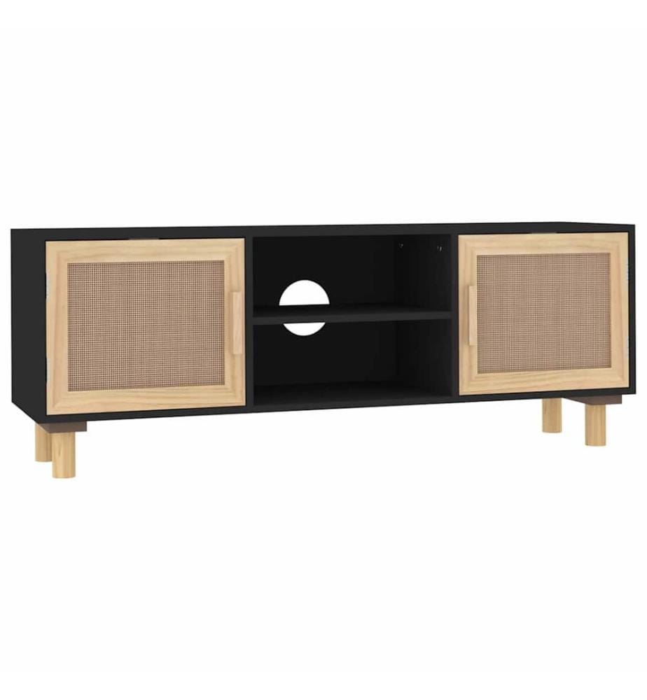 TV-Schrank Schwarz 105x30x40 cm Massivholz Kiefer Natur-Rattan