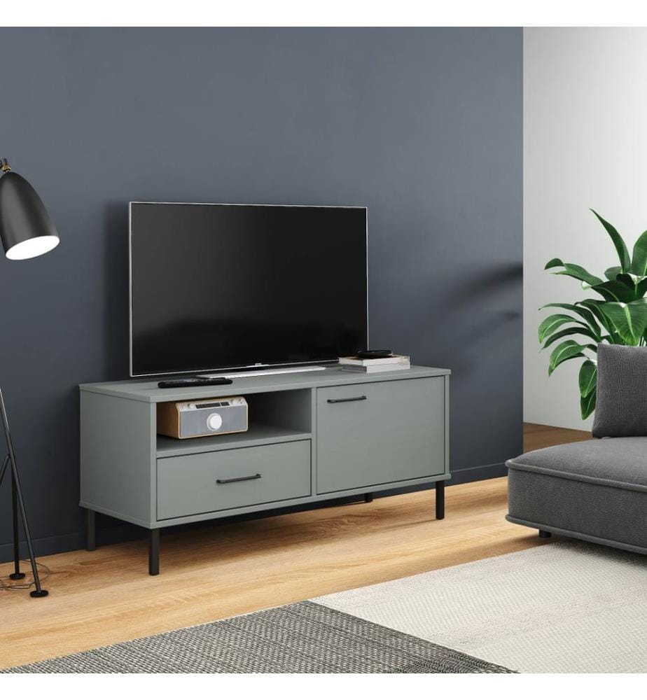 TV-Schrank OSLO mit Metallbeinen Grau Massivholz Kiefer
