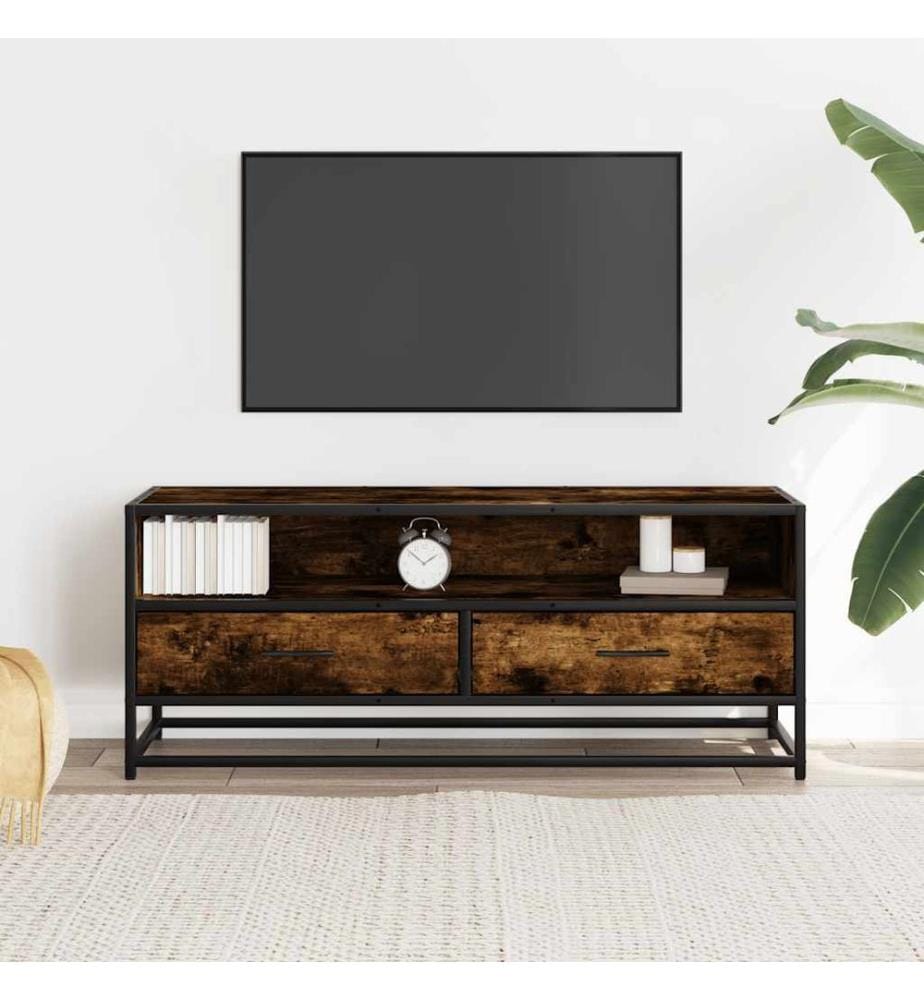 Meuble TV chêne fumé 100x34,5x40 cm bois d'ingénierie et métal