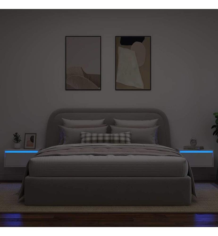 Tables de chevet murales avec lumières LED 2 pcs blanc
