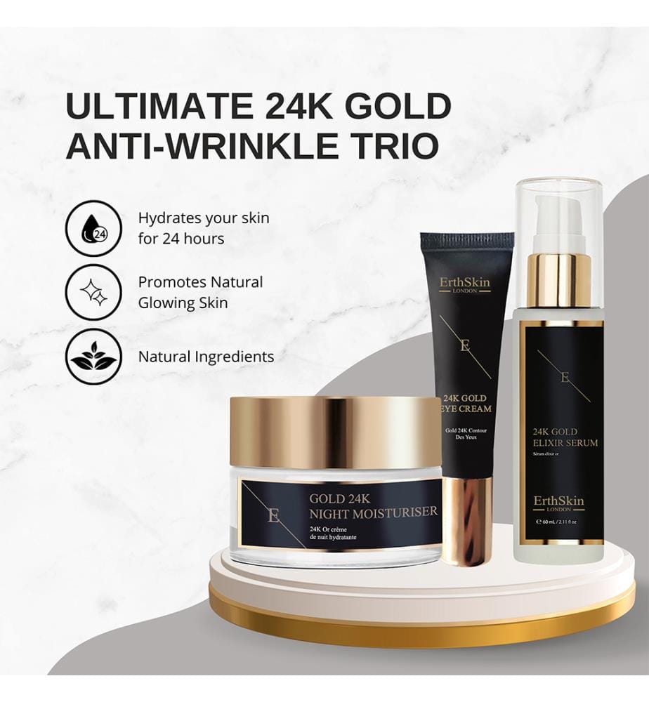 Sérum Elixir Anti-Rides 24k + Crème de Nuit Anti-Rides 24k Or + Crème Sous les Yeux 24k Or