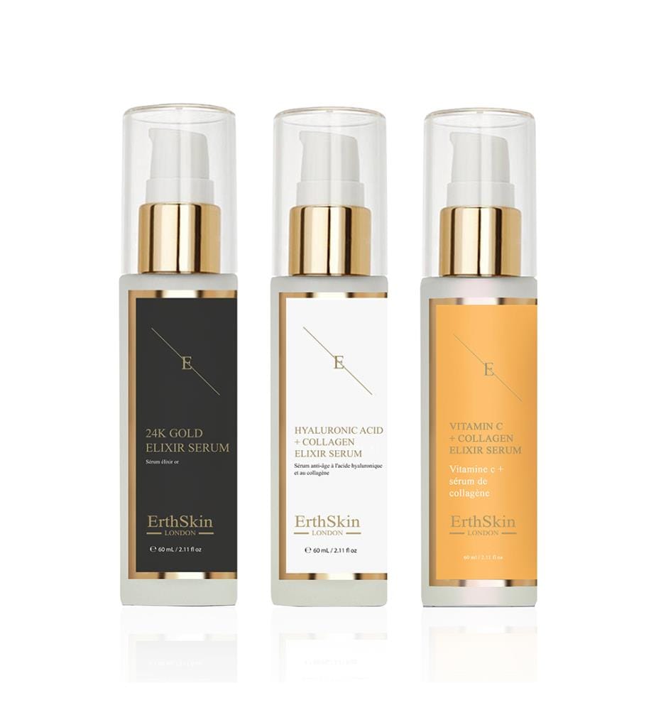 Vitamin C + Kollagen Elixier Serum 60 ml + Hyaluronsäure & Kollagen Serum 60 ml + Anti-Falten Elixier Serum 24k Gold 60 ml