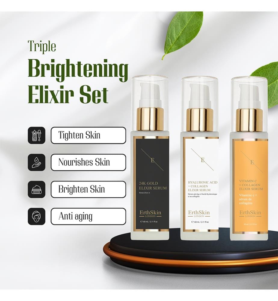 Vitamin C + Kollagen Elixier Serum 60 ml + Hyaluronsäure & Kollagen Serum 60 ml + Anti-Falten Elixier Serum 24k Gold 60 ml