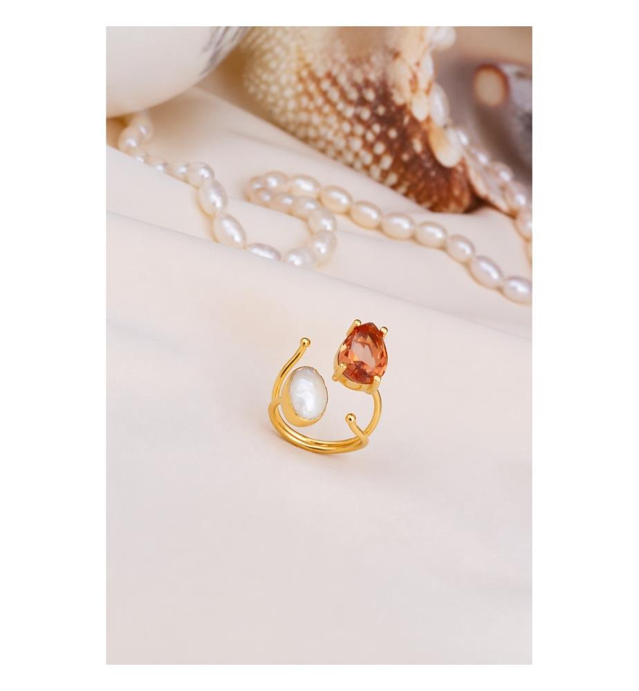 Anello regolabile di zultanite e perle - Marrone e bianco