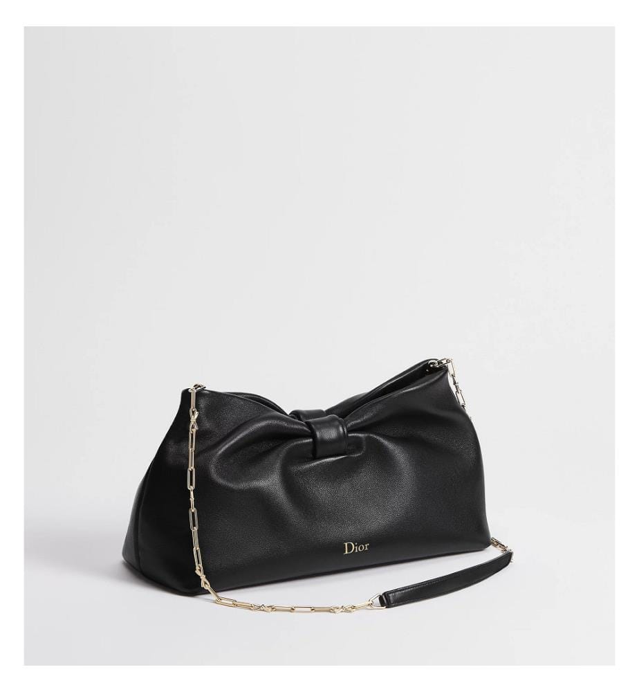 Mittlere Handtasche mit Schleife aus Lammleder mit Wildlederfutter – Schwarz