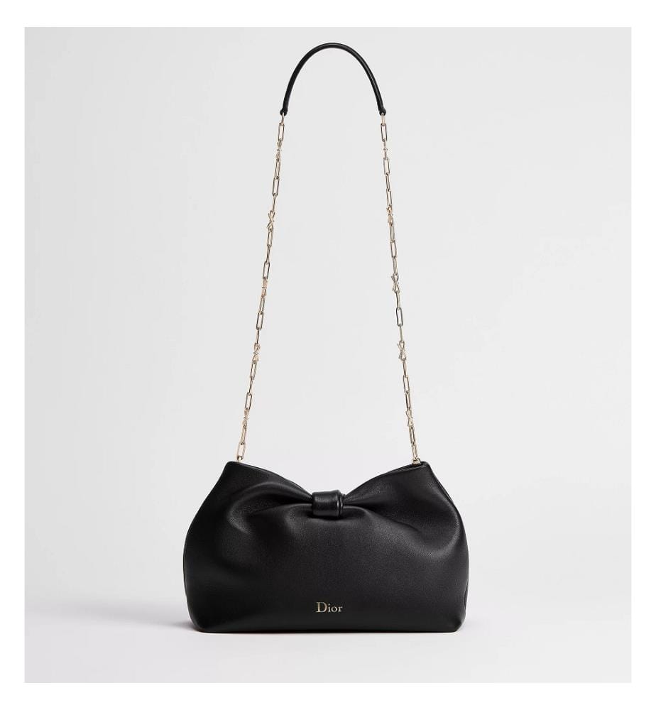 Mittlere Handtasche mit Schleife aus Lammleder mit Wildlederfutter – Schwarz