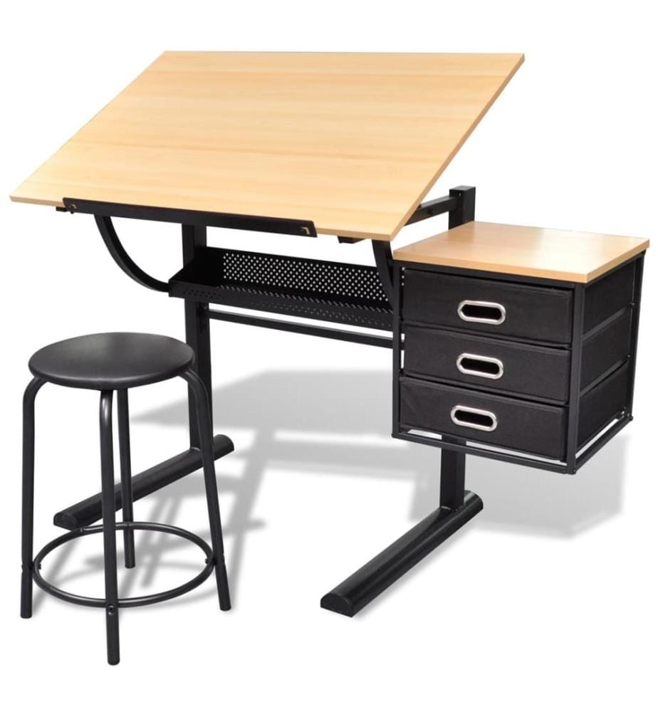 Zeichentisch mit neigbarer Tischplatte 3 Schubladen und Hocker