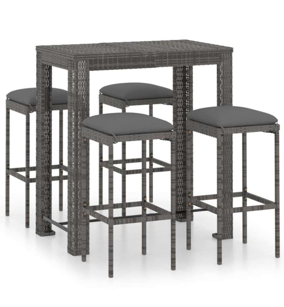 5-tlg. Gartenbar-Set mit Kissen Poly Rattan Grau