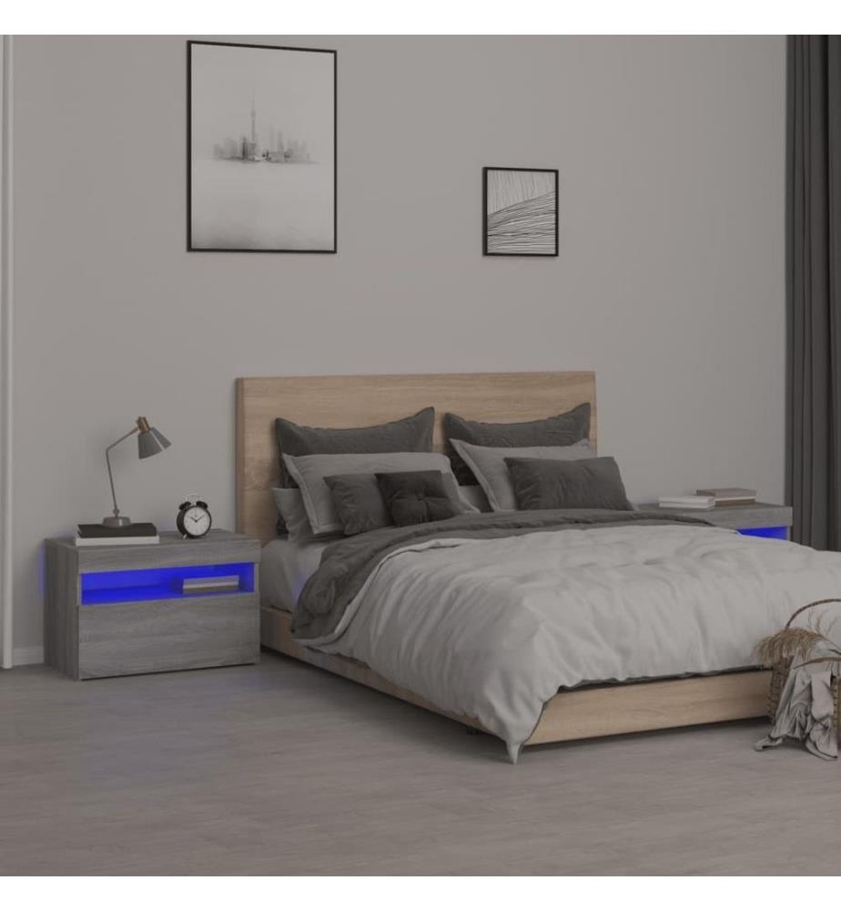 Nachttische 2 Stk. mit LED-Leuchten Grau Sonoma 60x35x40 cm