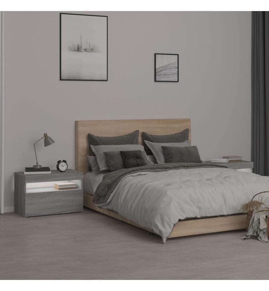 Nachttische 2 Stk. mit LED-Leuchten Grau Sonoma 60x35x40 cm
