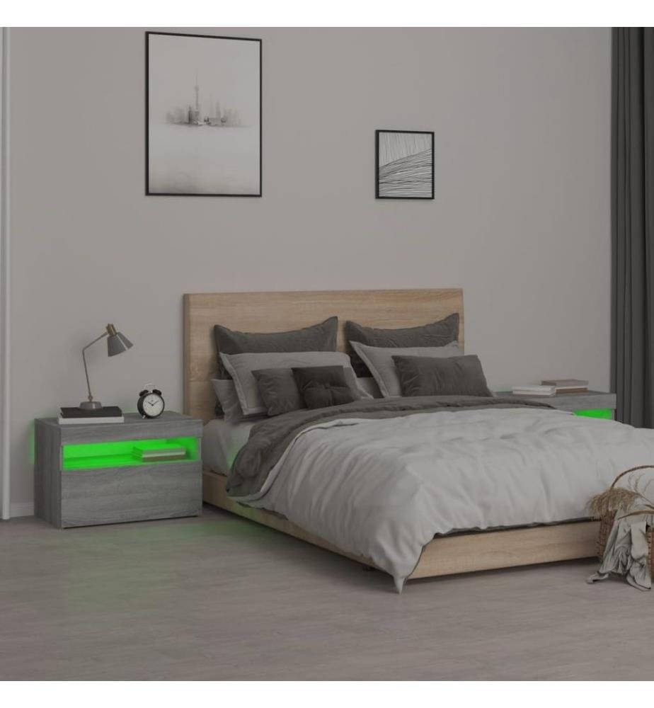 Nachttische 2 Stk. mit LED-Leuchten Grau Sonoma 60x35x40 cm