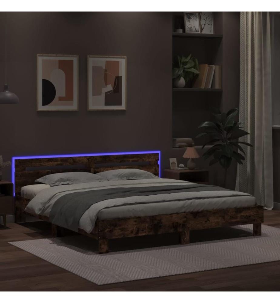 Bettgestell mit Kopfteil und LED-Beleuchtung Räuchereiche