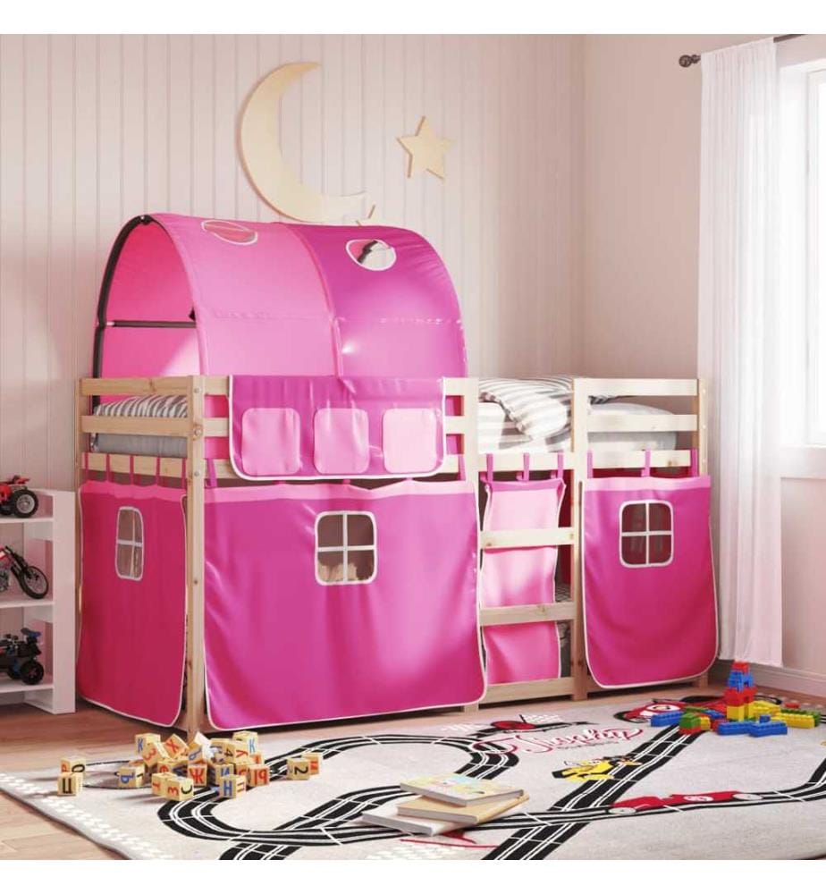 Lit superposé avec rideaux rose 90x190 cm bois pin massif