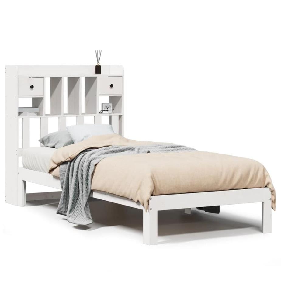 Lit bibliothèque sans matelas blanc 90x200cm bois de pin massif