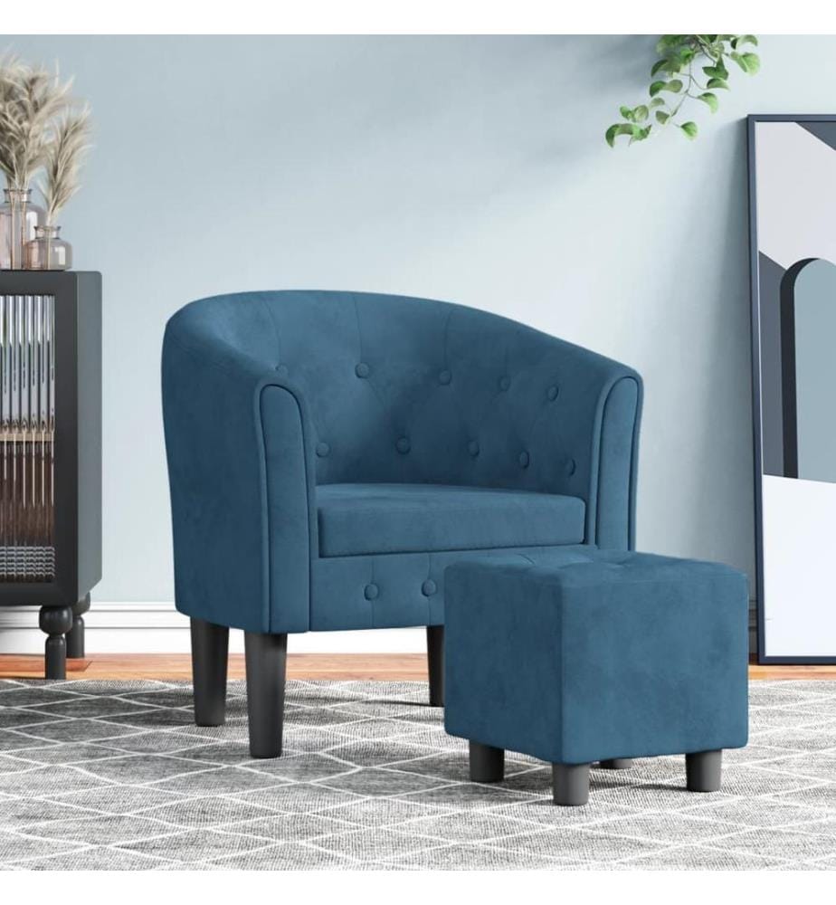 Fauteuil avec repose-pied bleu foncé velours