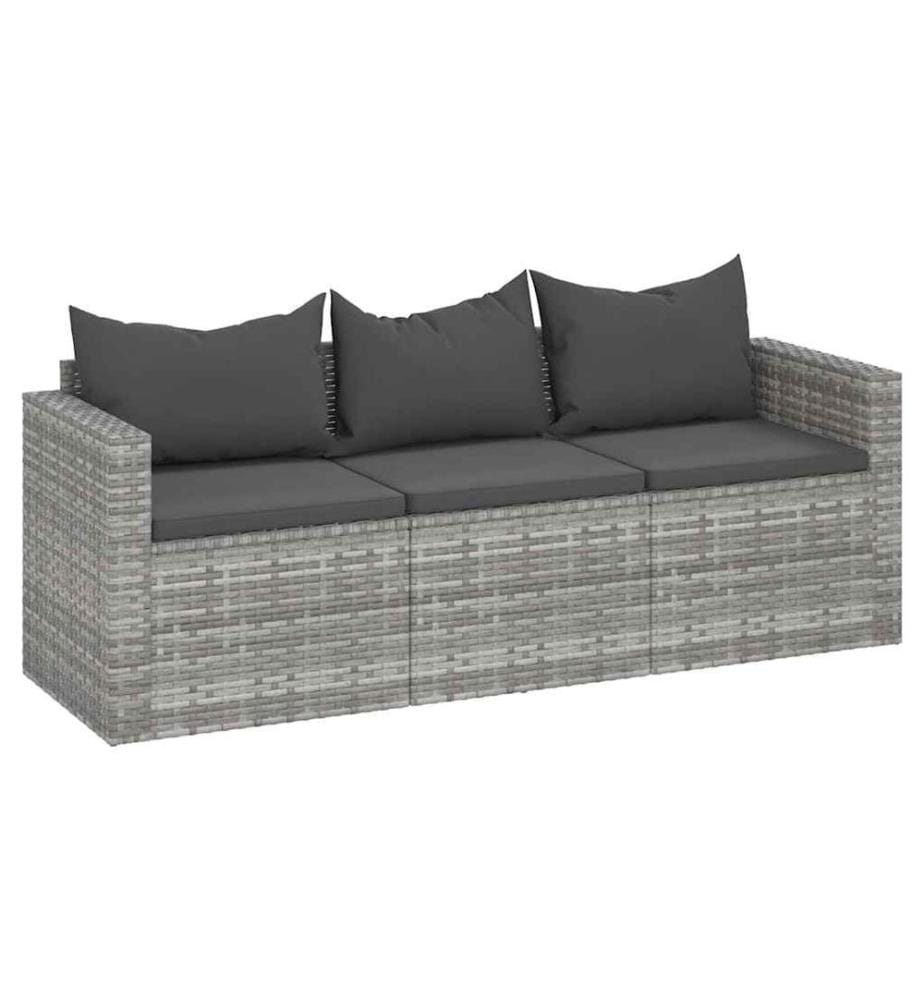 Gartensofa 3-Sitzer mit Kissen Grau Poly Rattan