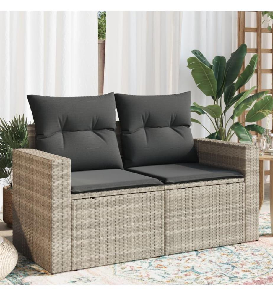 Gartensofa mit Kissen 2-Sitzer Hellgrau Poly Rattan