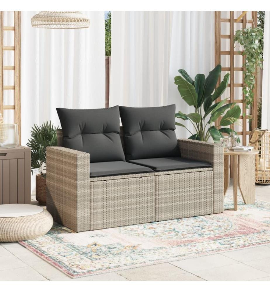Gartensofa mit Kissen 2-Sitzer Hellgrau Poly Rattan