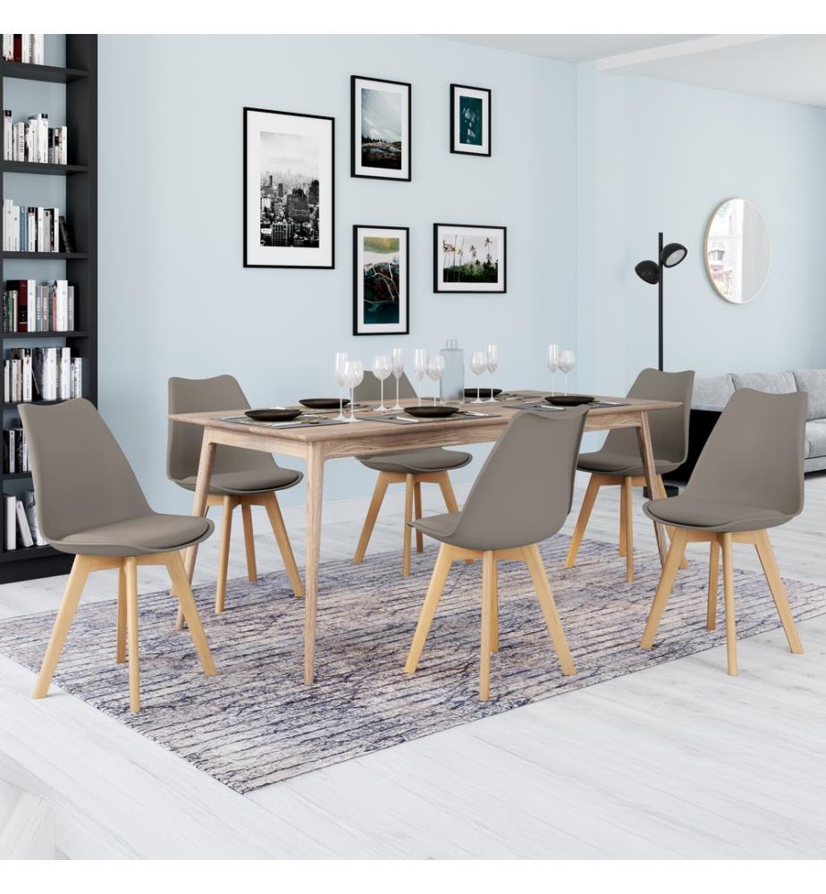 Set aus 6 Stühlen Nordia mit taupefarbener Sitzfläche und Holzbeinen