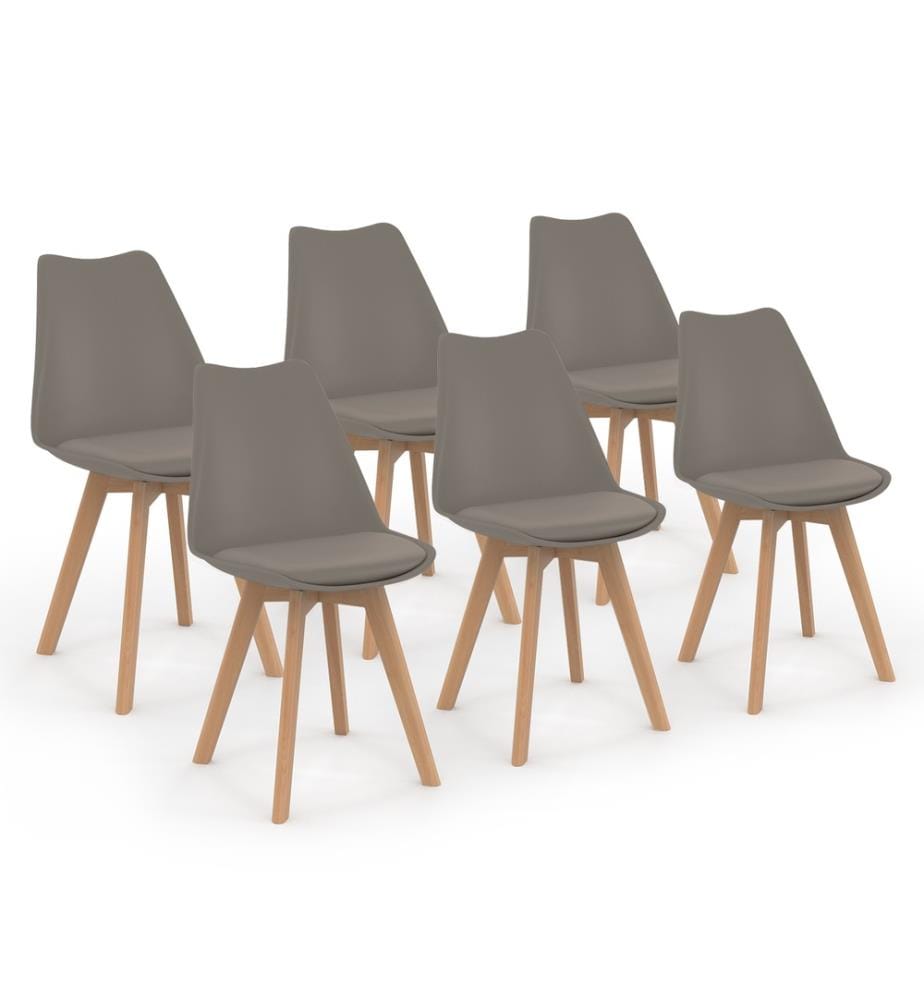 Set aus 6 Stühlen Nordia mit taupefarbener Sitzfläche und Holzbeinen