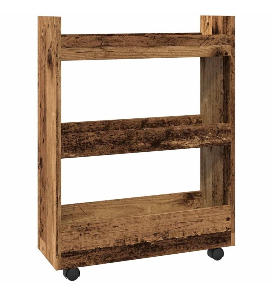 Chariot de rangement étroit 3 niveaux vieux bois