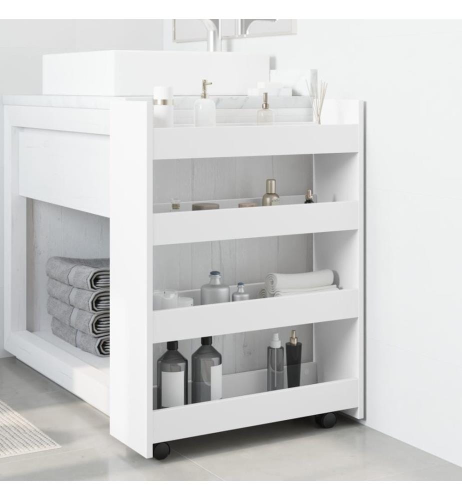 Chariot de rangement étroit à 4 niveaux en bois d'ingénierie blanc
