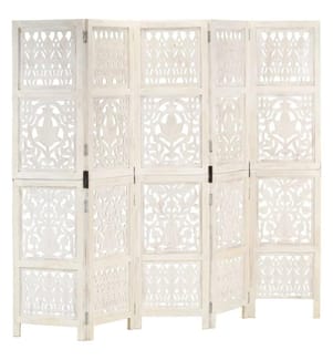 5tlg. Raumteiler Handgeschnitzt Weiss 200×165cm Mango Massivholz