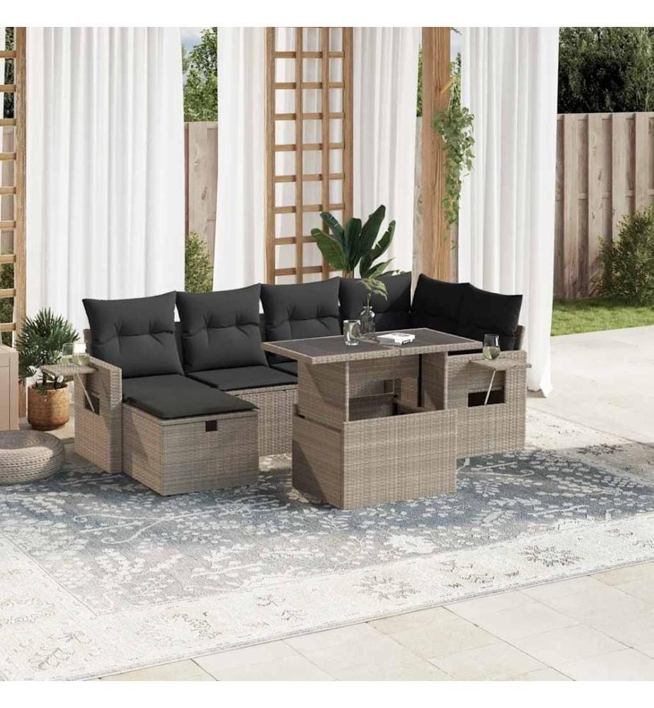 7-tlg. Garten-Sofagarnitur mit Kissen Hellgrau Poly Rattan
