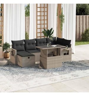 7-tlg. Garten-Sofagarnitur mit Kissen Hellgrau Poly Rattan