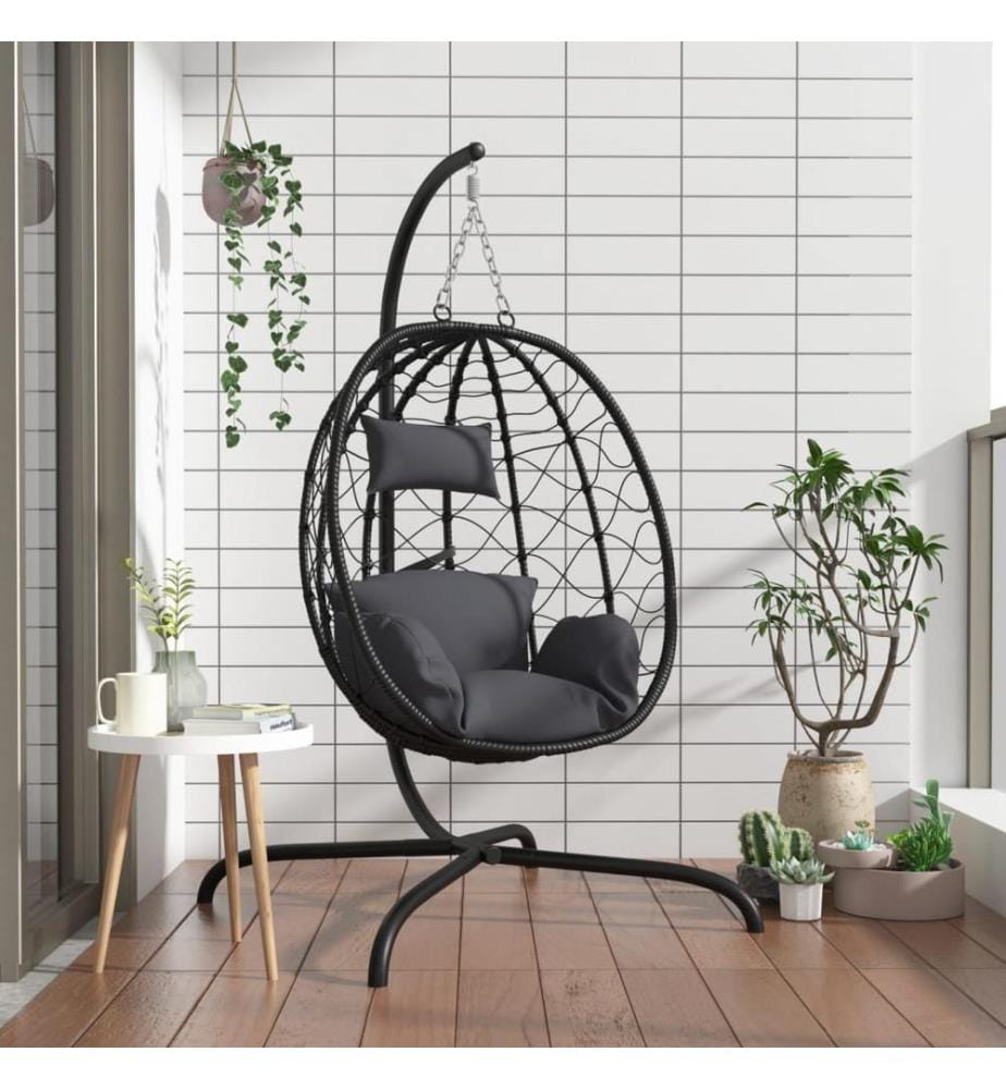 Hängesessel Ei mit Kissen Anthrazit Poly Rattan & Stahl