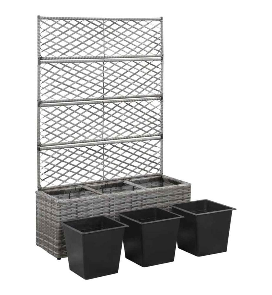 Hochbeet mit Rankgitter 3 Töpfe 83×30×130cm Poly Rattan Grau