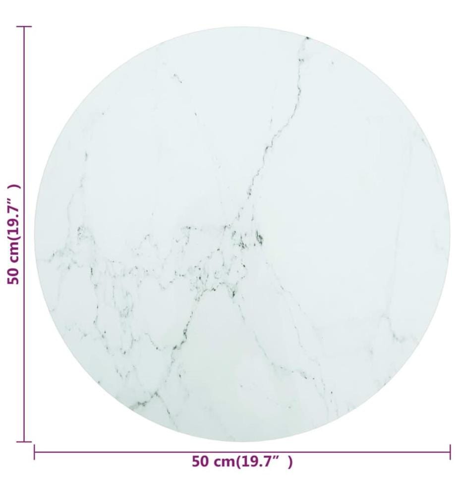 Dessus de table blanc Ø50x0,8cm verre trempé avec design marbre