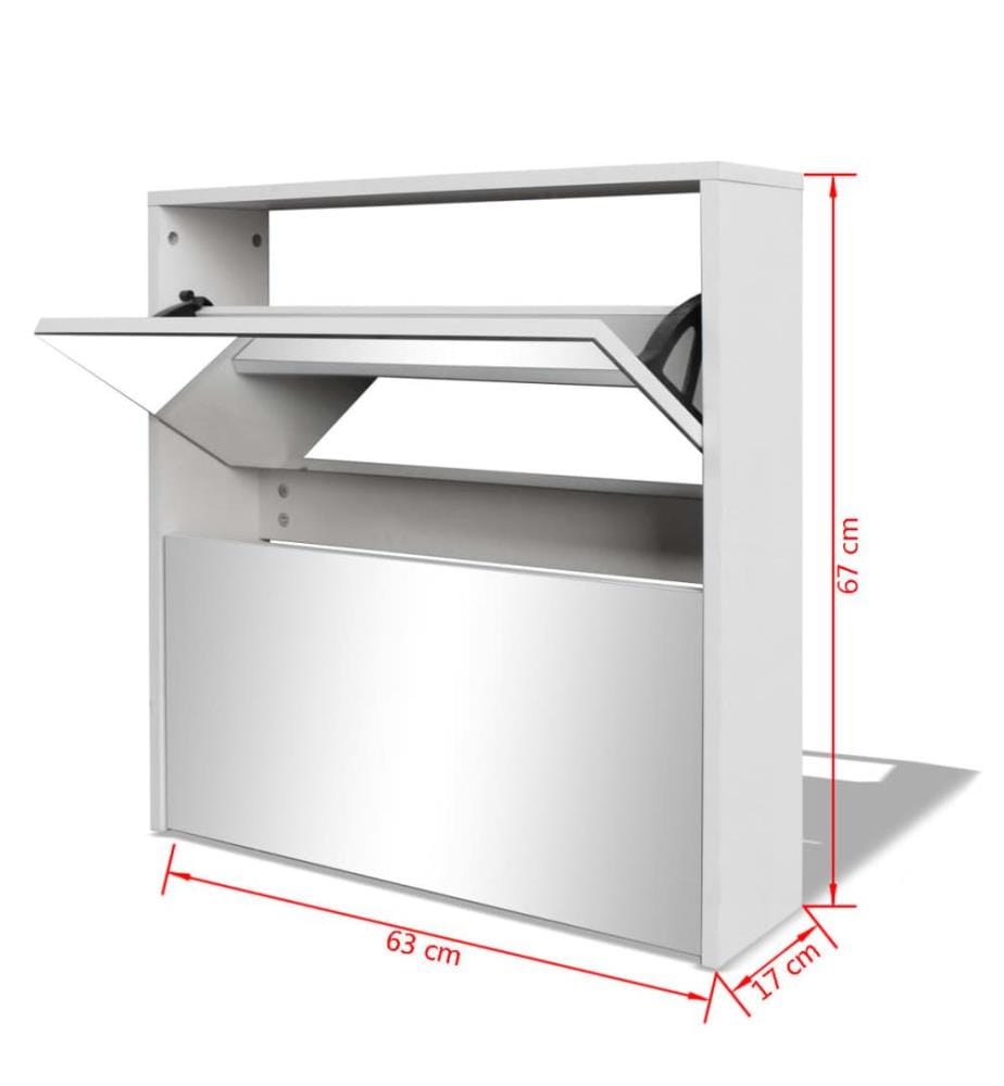 Schuhschrank mit 2 Fächern Spiegel Weiss 63x17x67 cm