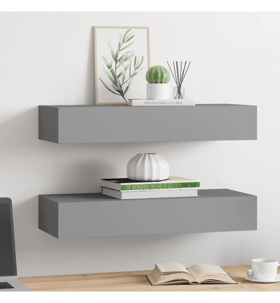Wandregale mit Schubladen 2 Stk. Grau 60x23,5x10 cm MDF