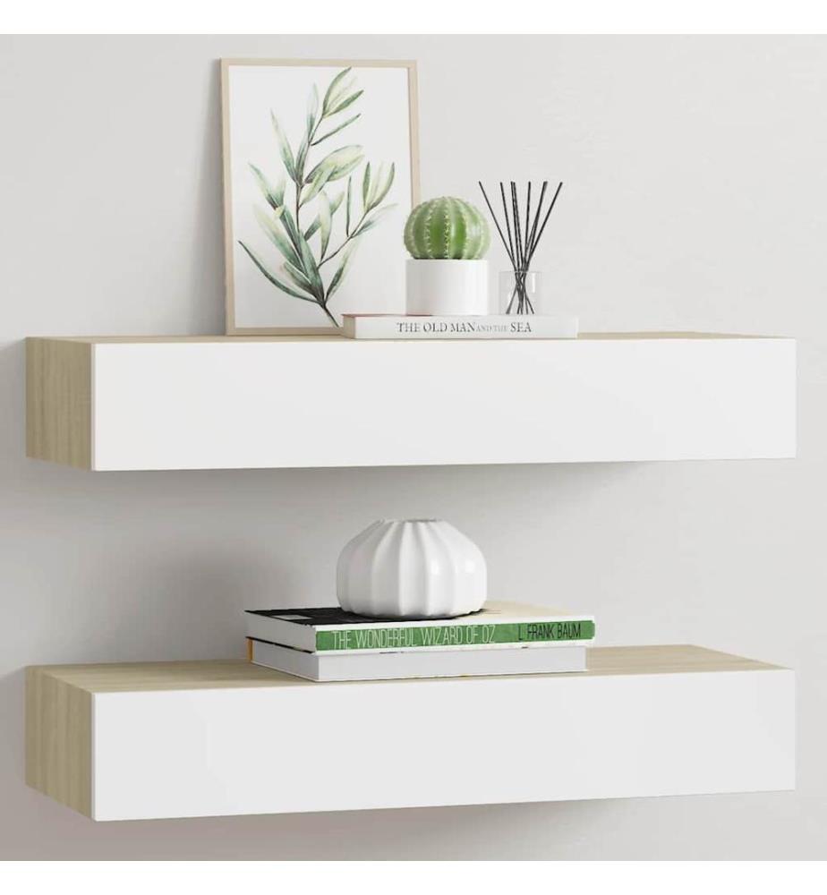 Wandregale mit Schubladen 2 Stk. Eichen-Optik Weiss 60x23,5x10cm