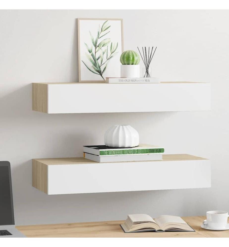 Wandregale mit Schubladen 2 Stk. Eichen-Optik Weiss 60x23,5x10cm