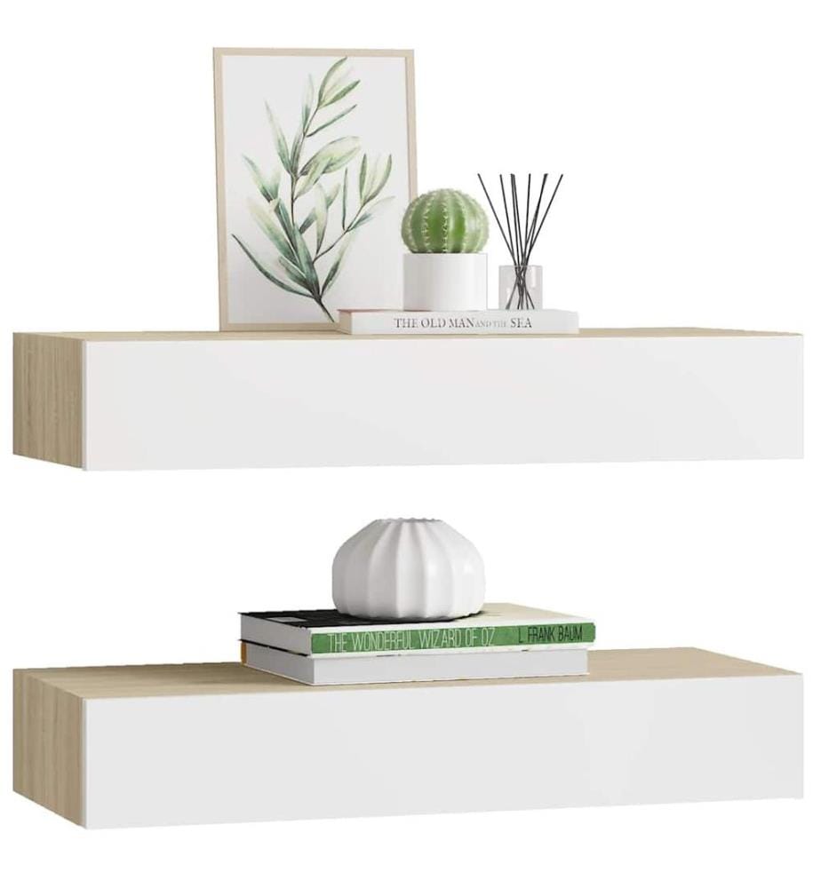Wandregale mit Schubladen 2 Stk. Eichen-Optik Weiss 60x23,5x10cm