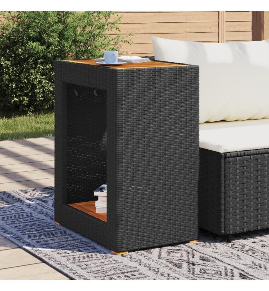 Garten-Beistelltisch mit Holzplatte Schwarz Poly Rattan