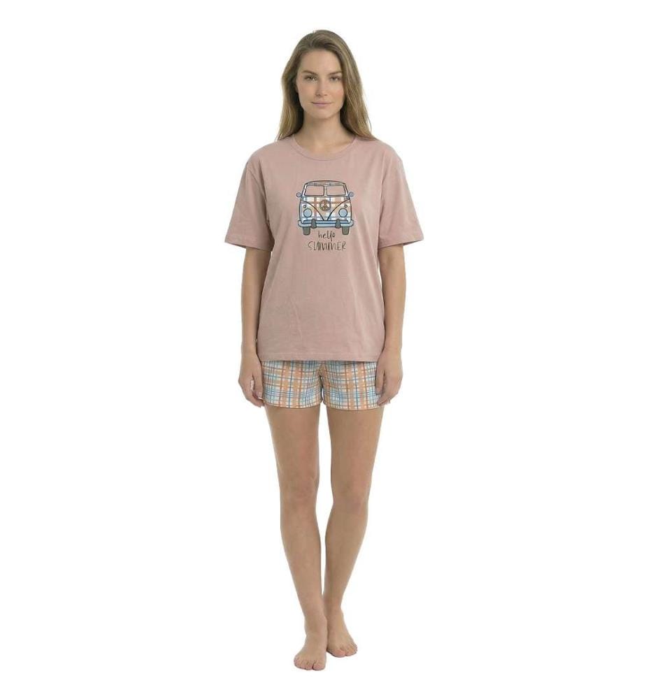 Sommer-Pyjama aus 100% Baumwolle mit kurzen Ärmeln - Rosa Rahmen