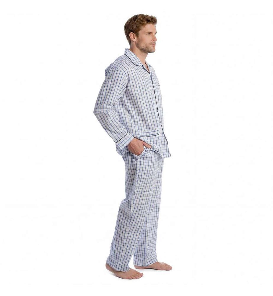 Pyjama Popeline de Coton - Blanc et Bleu à Carreaux