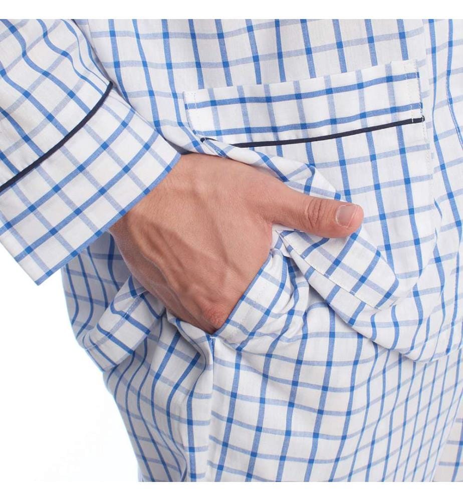 Pyjama Popeline de Coton - Blanc et Bleu à Carreaux