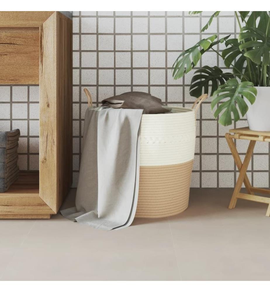 Panier de rangement beige et blanc Ø43x38 cm coton