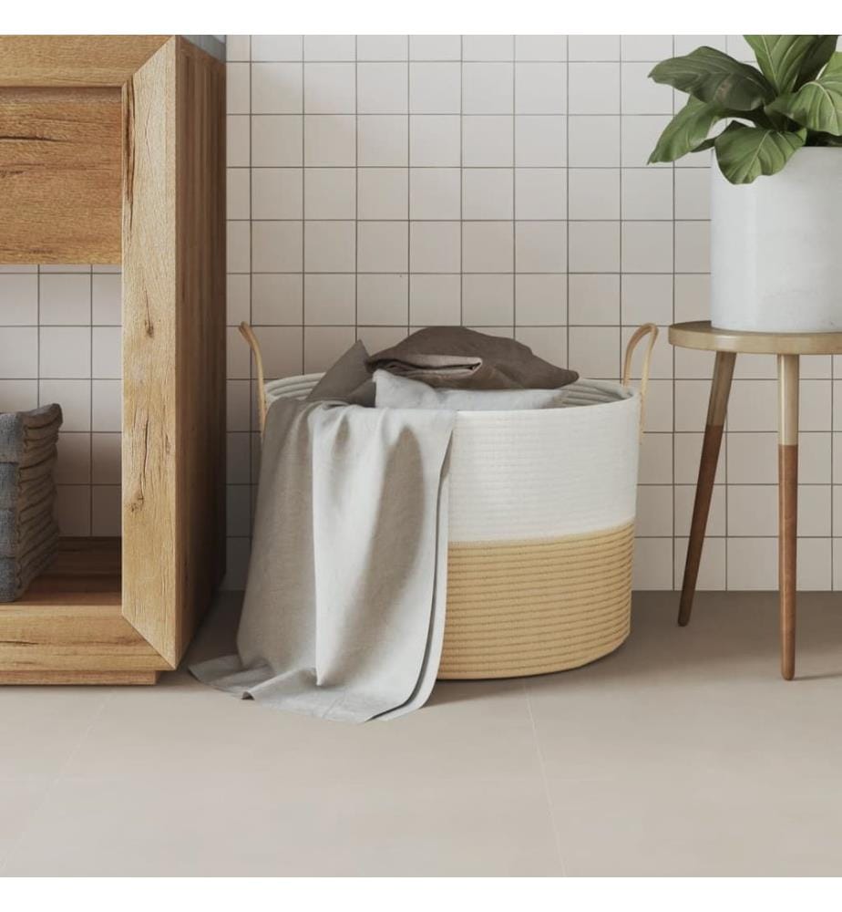 Panier de rangement beige et blanc Ø51x33 cm coton