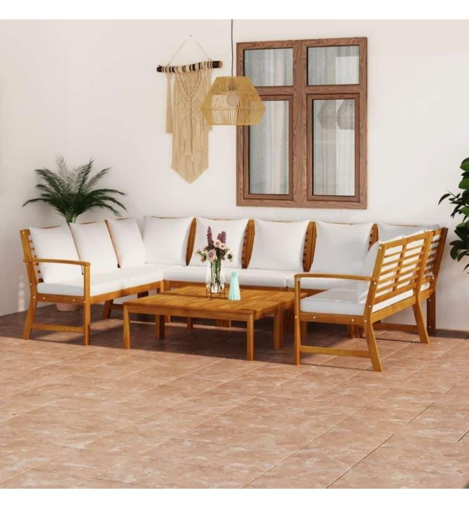 Salon de jardin 9 pcs avec coussin Crème Bois d'acacia solide