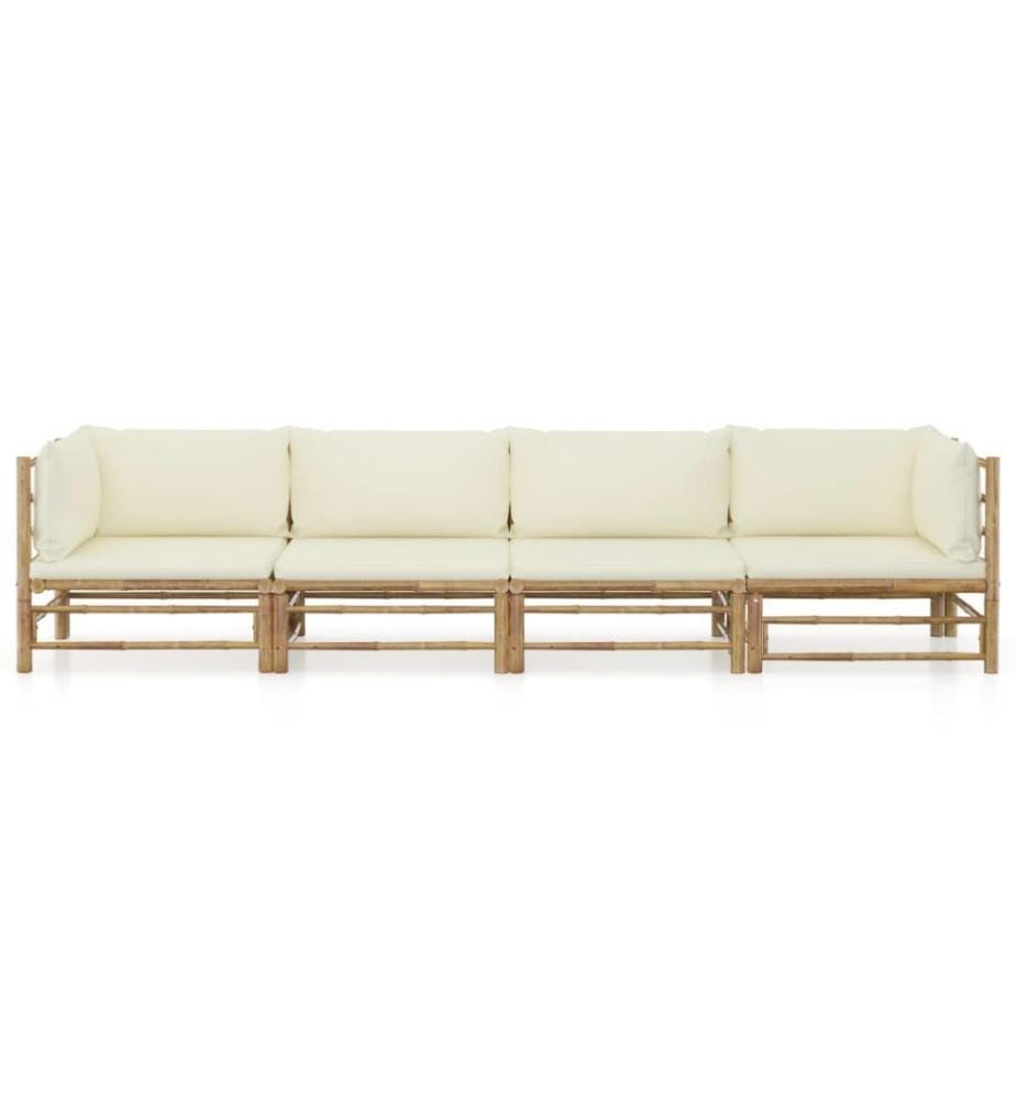 4-tlg. Garten-Lounge-Set mit Cremeweissen Kissen Bambus