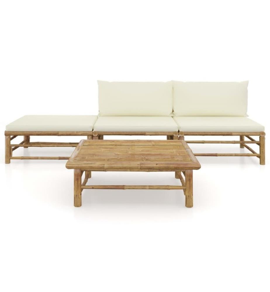 4-tlg. Garten-Lounge-Set mit Cremeweissen Kissen Bambus