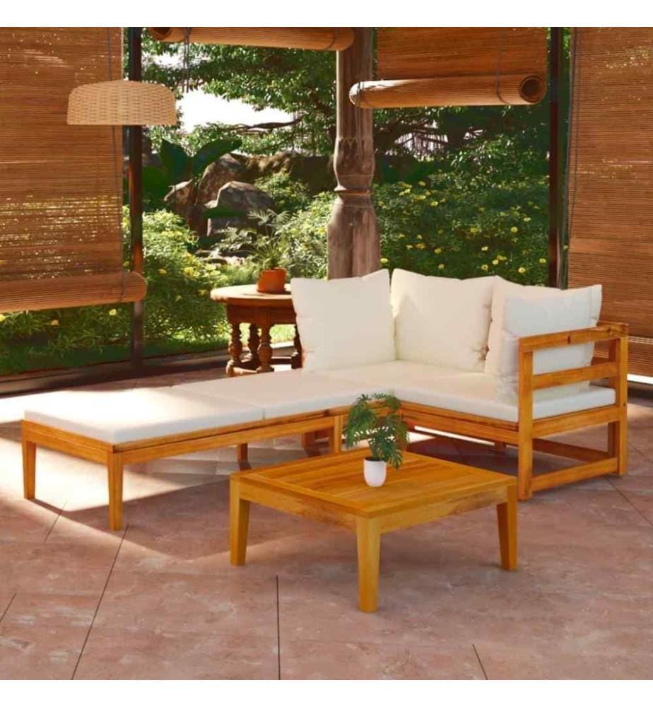 Salon de jardin 3 pcs avec coussins blanc crème Bois d'acacia