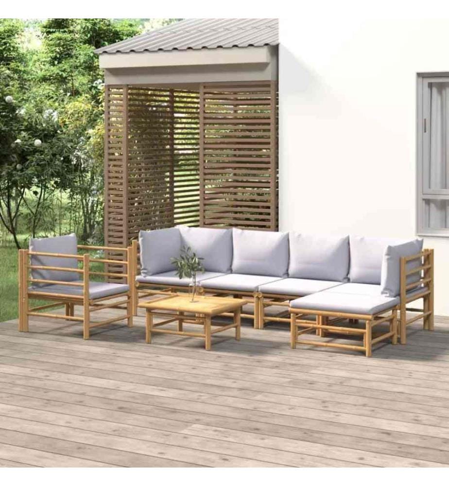 7-tlg. Garten-Lounge-Set mit Hellgrauen Kissen Bambus